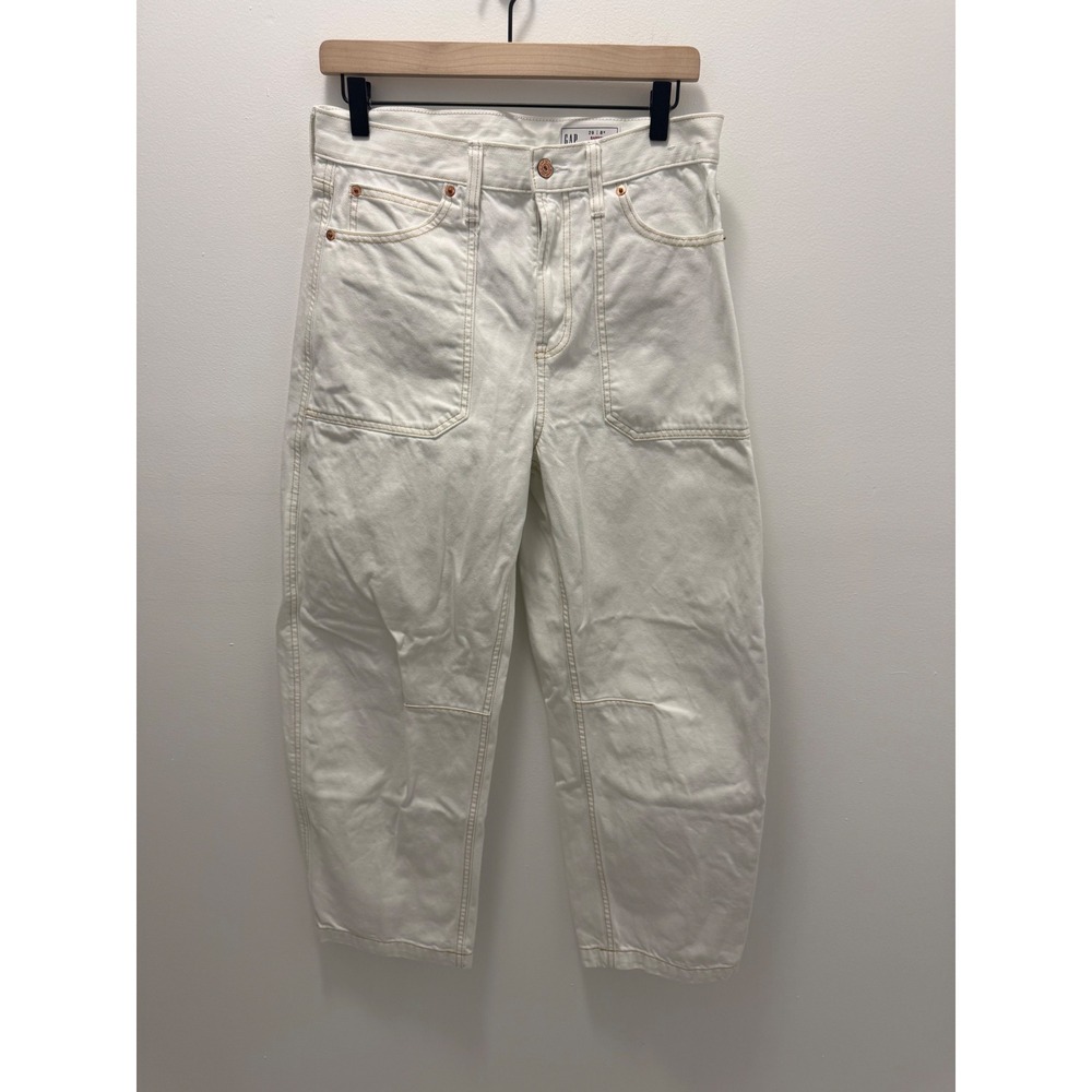 Gap Barrel High Rise Jeans 29 8s Off White Cream Cotton Utility Patch Pocket